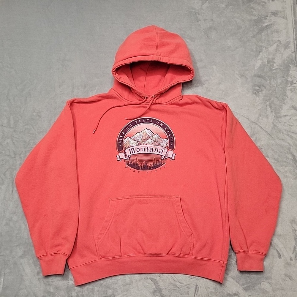 Prairie Mountain Hoodie Mens Medium Pink Montana Wise River Graphic Pullover